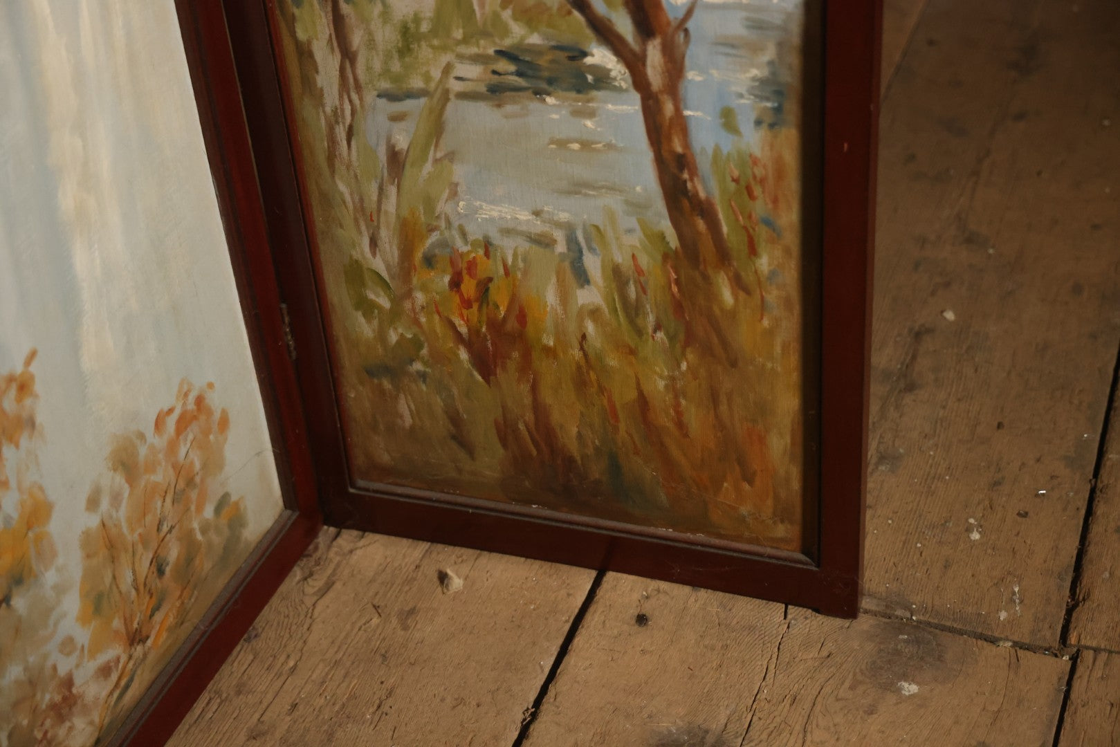 Antique Three Section Room Divider Screen With Hand Painted Scenes Of Dogs, Including Pitbull Dog And Her Pups, Two Dogs Looking At Moon, Three Dogs Chasing Cat Up Tree, Artist Signed E. Underwood, 1908, Landscape, Waterfall Scenes On Verso