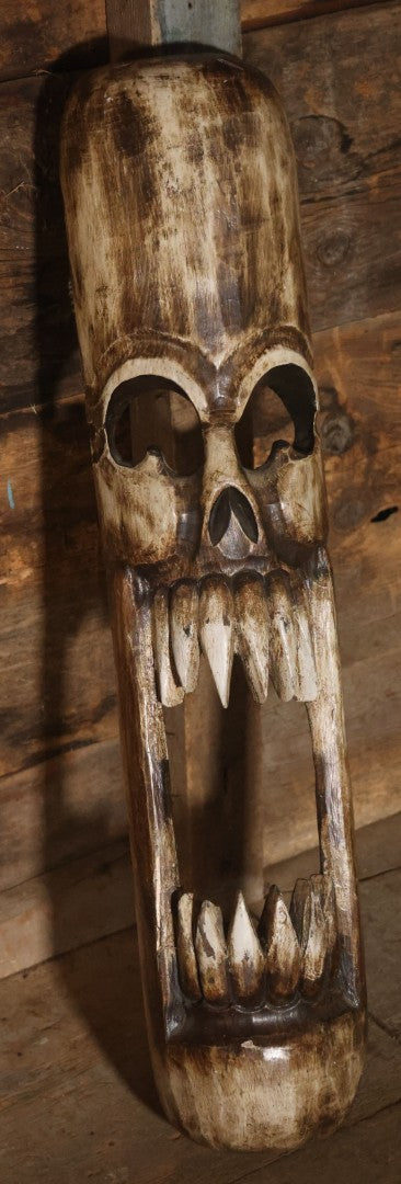 Vintage Tourist Art Novelty Faux Folk Art Carved Wooden Skull Wall Hanger, Made In Indonesia