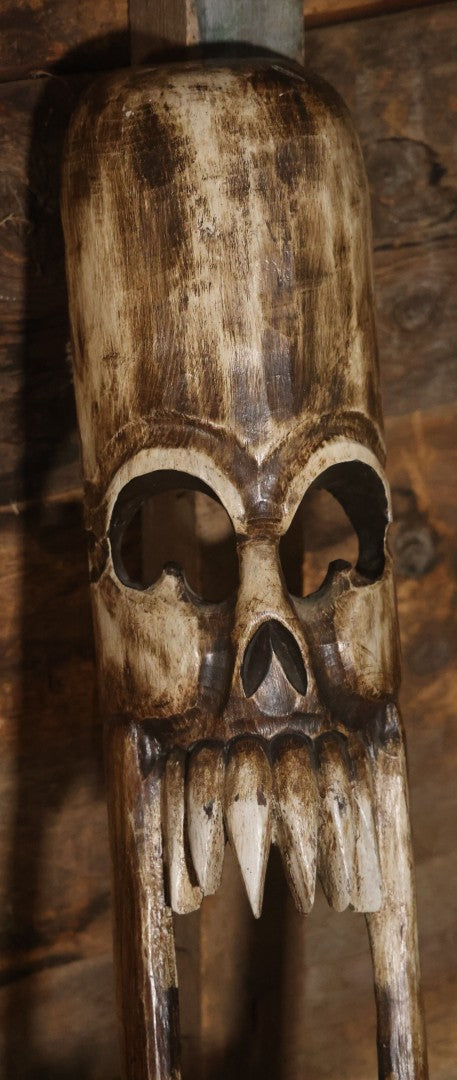 Vintage Tourist Art Novelty Faux Folk Art Carved Wooden Skull Wall Hanger, Made In Indonesia