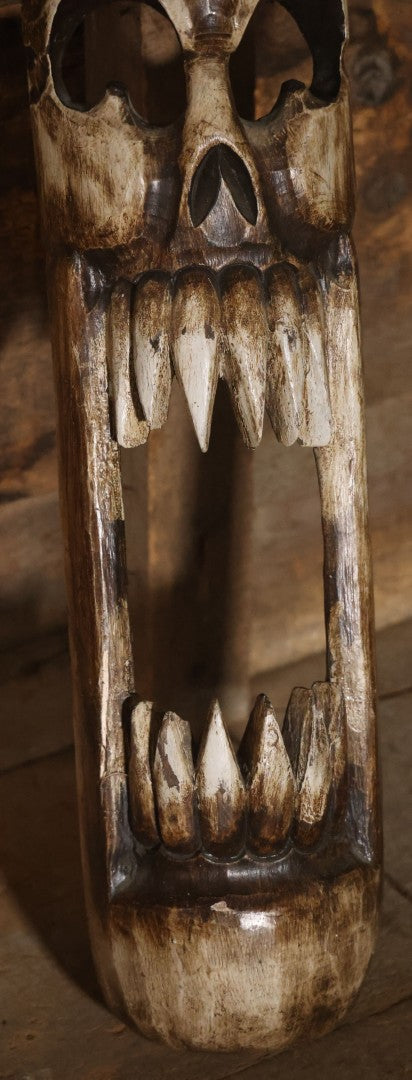 Vintage Tourist Art Novelty Faux Folk Art Carved Wooden Skull Wall Hanger, Made In Indonesia