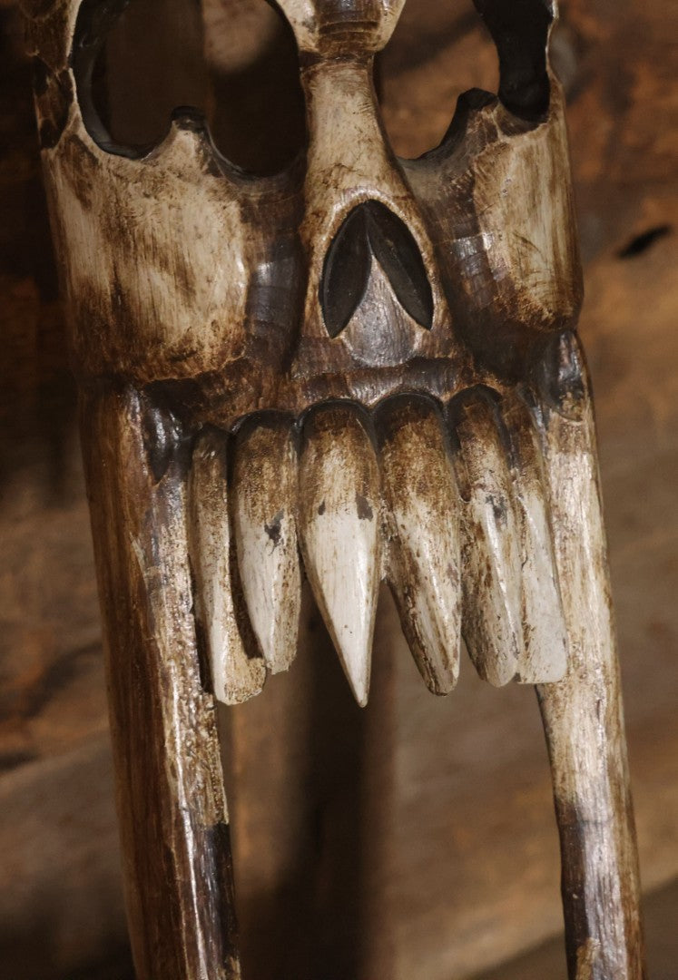 Vintage Tourist Art Novelty Faux Folk Art Carved Wooden Skull Wall Hanger, Made In Indonesia