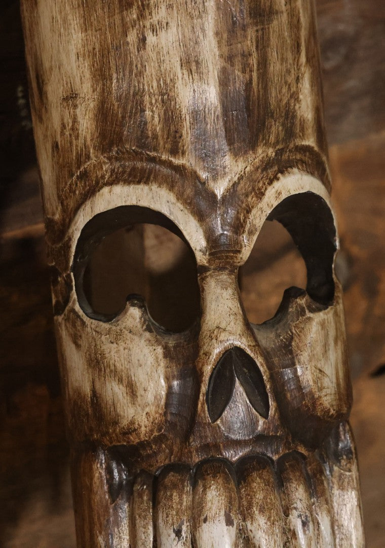 Vintage Tourist Art Novelty Faux Folk Art Carved Wooden Skull Wall Hanger, Made In Indonesia