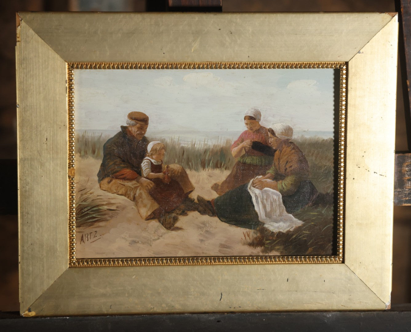 Antique Painting On Wood Panel, Family At The Beach, Artist Signed, David Adolph Constant Artz (1837–1890), Hague School, Dutch Realist. 13-3/4" x 11"