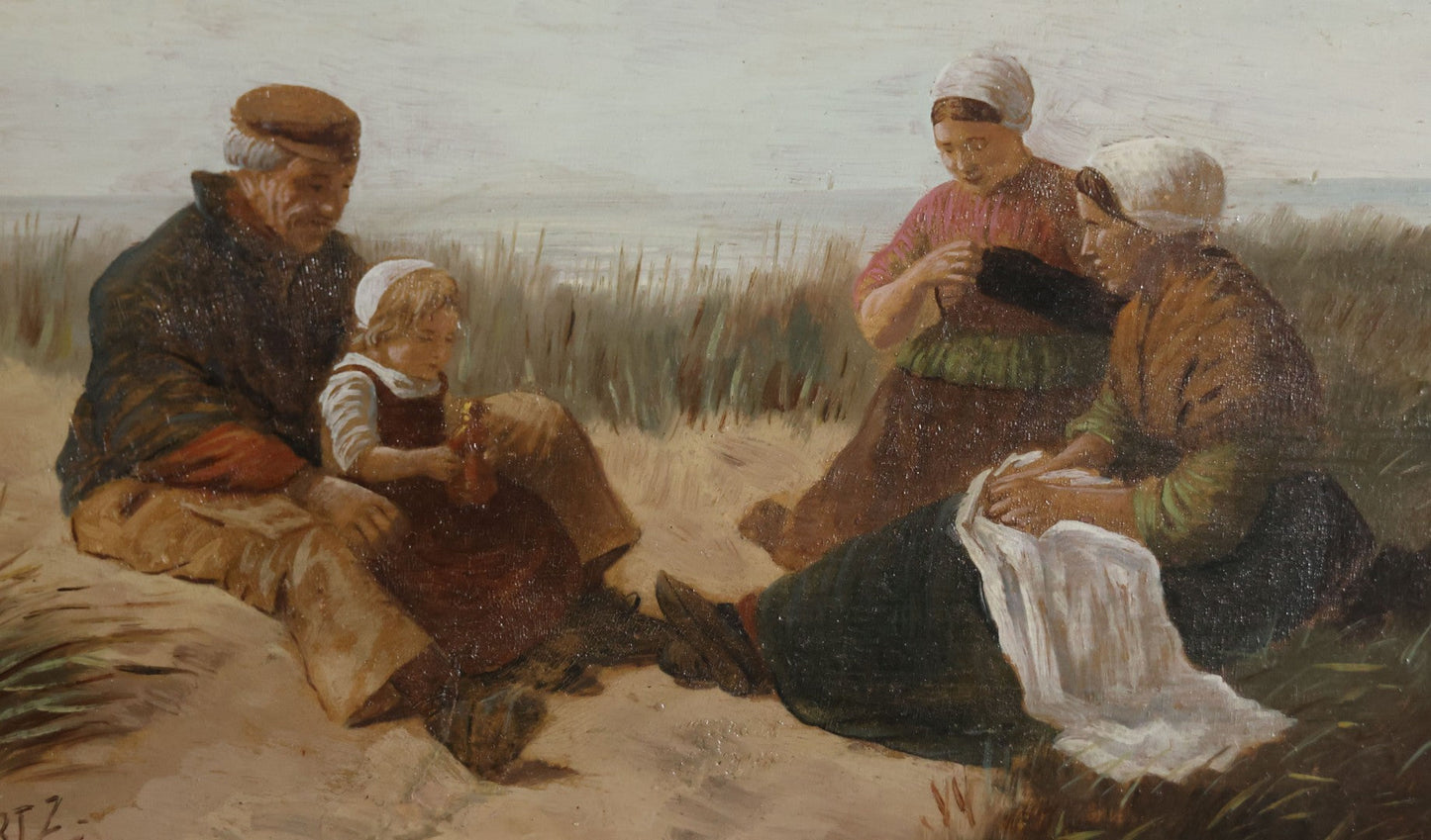 Antique Painting On Wood Panel, Family At The Beach, Artist Signed, David Adolph Constant Artz (1837–1890), Hague School, Dutch Realist. 13-3/4" x 11"