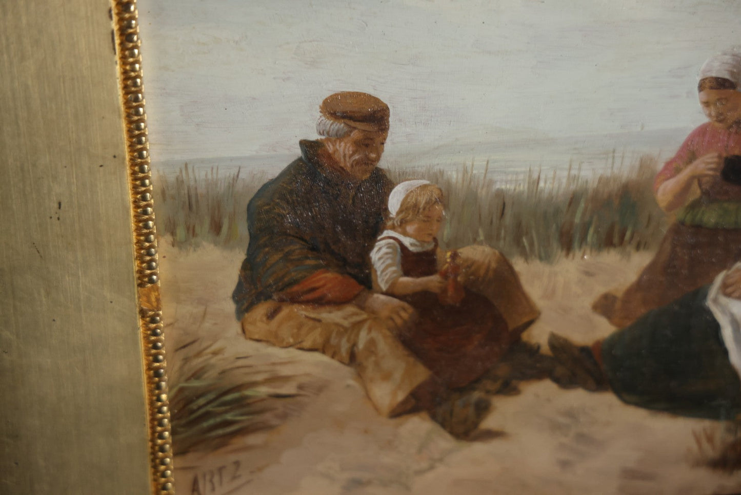 Antique Painting On Wood Panel, Family At The Beach, Artist Signed, David Adolph Constant Artz (1837–1890), Hague School, Dutch Realist. 13-3/4" x 11"