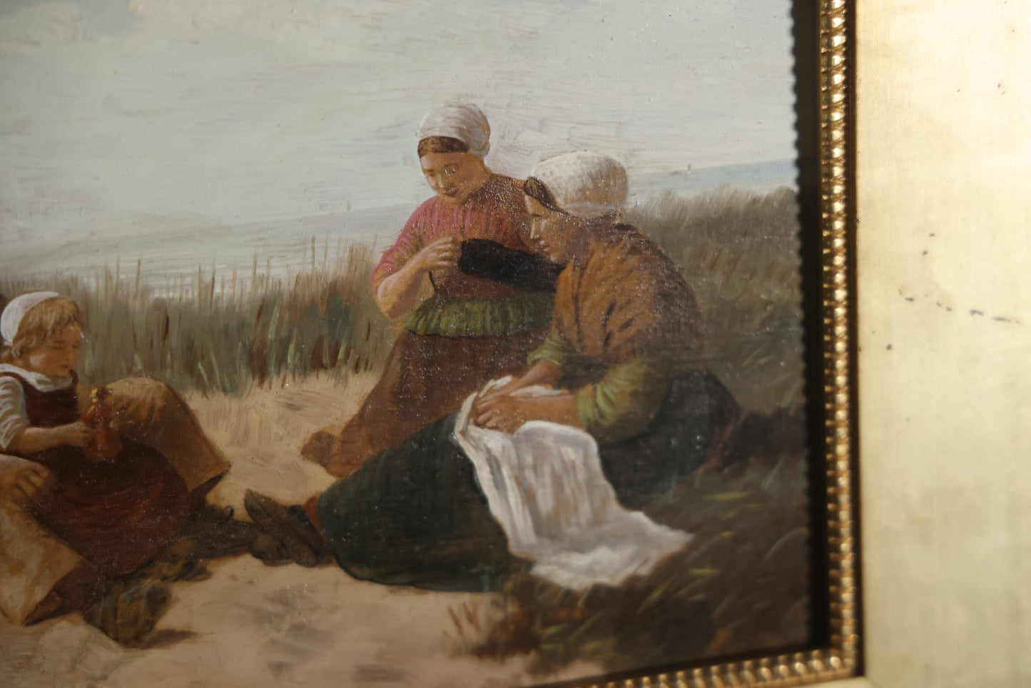 Antique Painting On Wood Panel, Family At The Beach, Artist Signed, David Adolph Constant Artz (1837–1890), Hague School, Dutch Realist. 13-3/4" x 11"