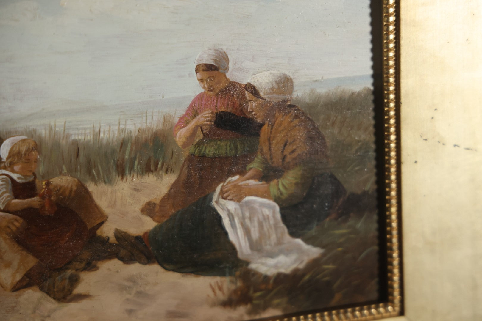 Antique Painting On Wood Panel, Family At The Beach, Artist Signed, David Adolph Constant Artz (1837–1890), Hague School, Dutch Realist. 13-3/4" x 11"