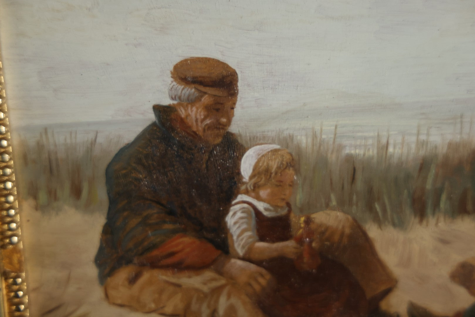 Antique Painting On Wood Panel, Family At The Beach, Artist Signed, David Adolph Constant Artz (1837–1890), Hague School, Dutch Realist. 13-3/4" x 11"