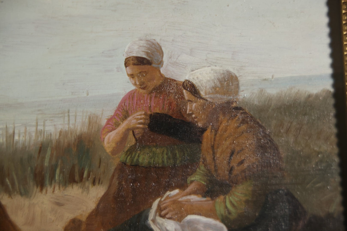 Antique Painting On Wood Panel, Family At The Beach, Artist Signed, David Adolph Constant Artz (1837–1890), Hague School, Dutch Realist. 13-3/4" x 11"