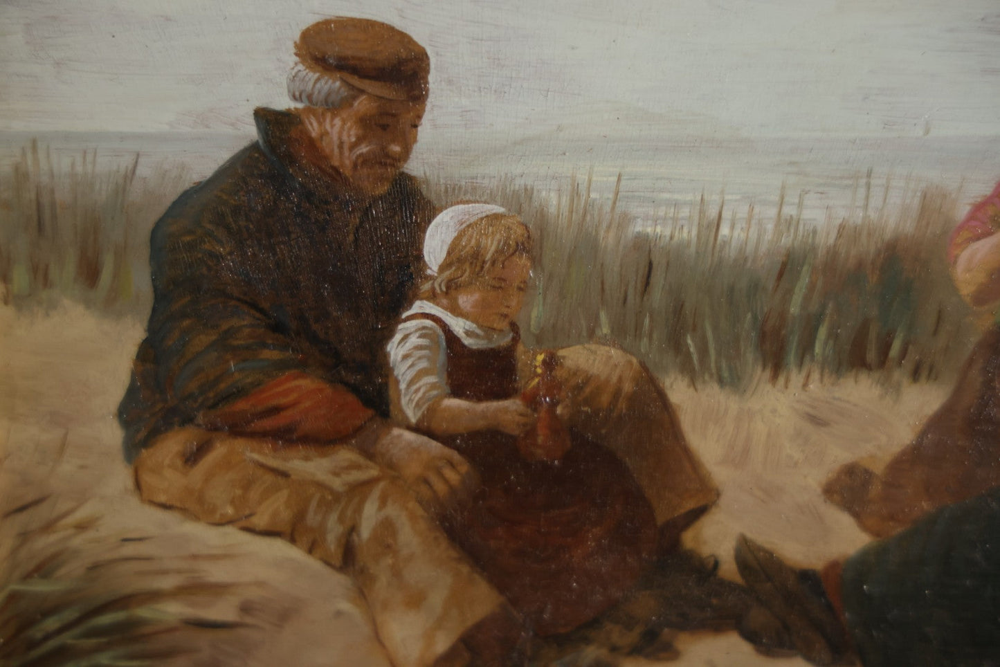 Antique Painting On Wood Panel, Family At The Beach, Artist Signed, David Adolph Constant Artz (1837–1890), Hague School, Dutch Realist. 13-3/4" x 11"