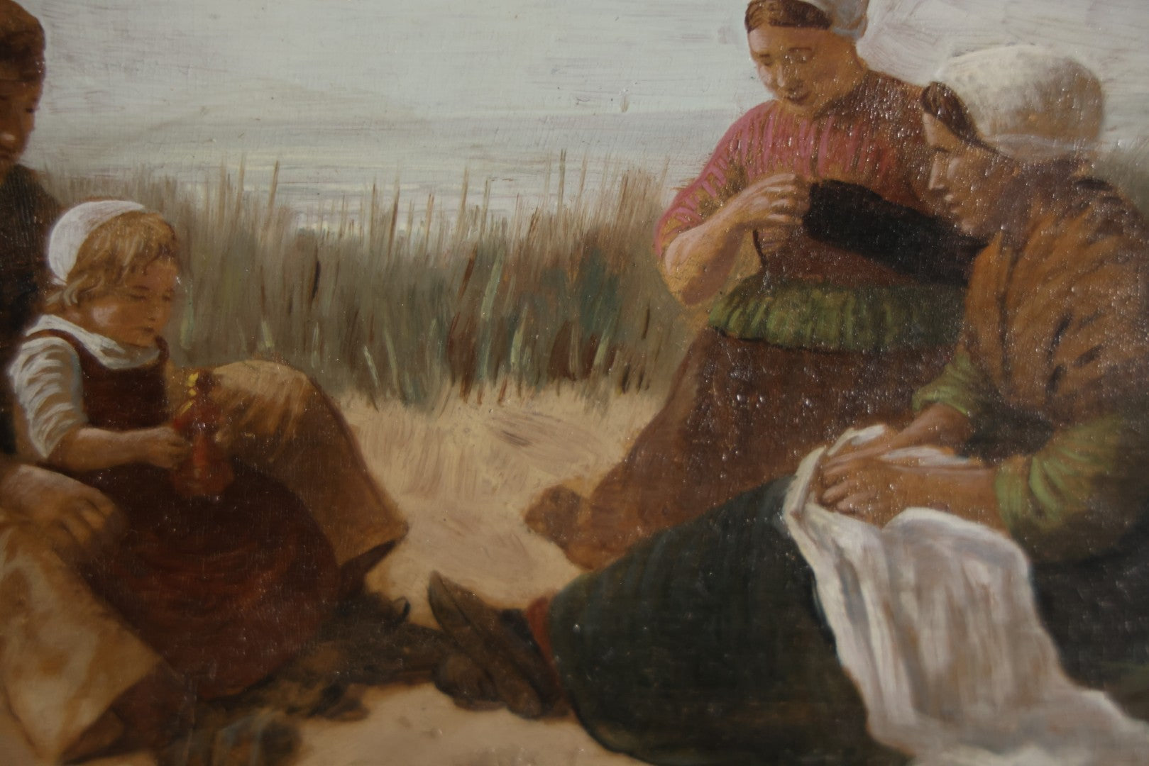 Antique Painting On Wood Panel, Family At The Beach, Artist Signed, David Adolph Constant Artz (1837–1890), Hague School, Dutch Realist. 13-3/4" x 11"