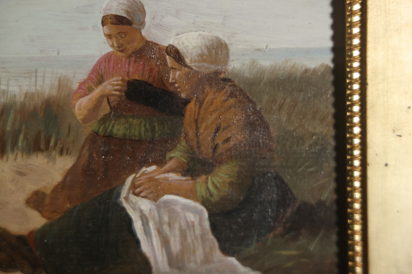 Antique Painting On Wood Panel, Family At The Beach, Artist Signed, David Adolph Constant Artz (1837–1890), Hague School, Dutch Realist. 13-3/4" x 11"