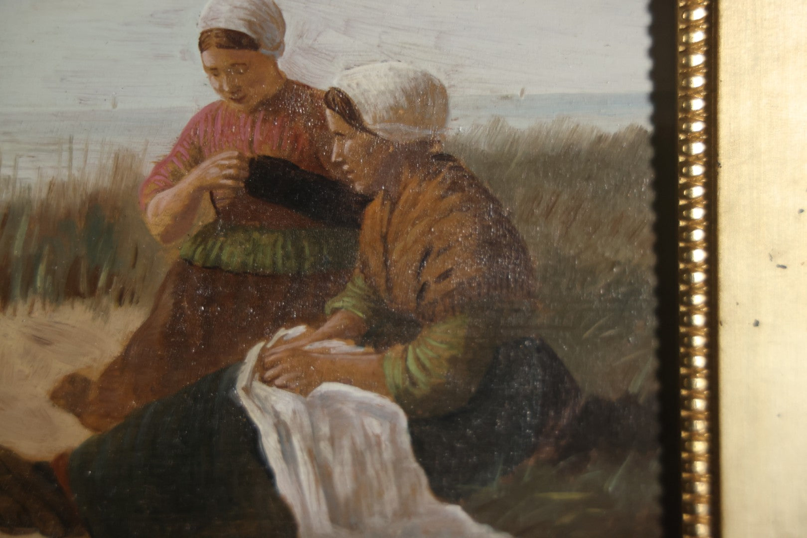 Antique Painting On Wood Panel, Family At The Beach, Artist Signed, David Adolph Constant Artz (1837–1890), Hague School, Dutch Realist. 13-3/4" x 11"