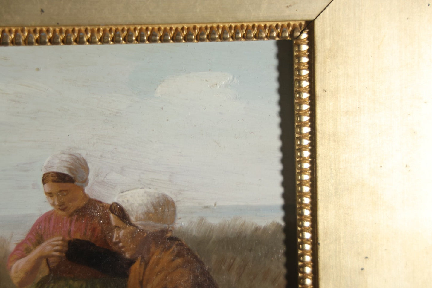 Antique Painting On Wood Panel, Family At The Beach, Artist Signed, David Adolph Constant Artz (1837–1890), Hague School, Dutch Realist. 13-3/4" x 11"