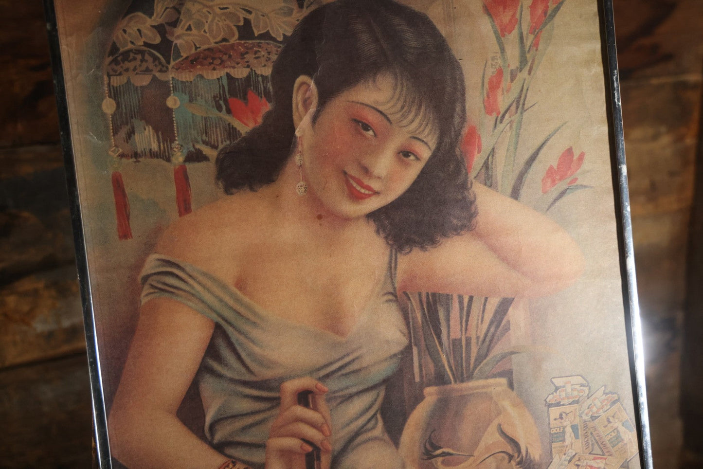 Vintage Chinese Tobacco Advertising Company, Greater Southeast China Tobacco Company, 中國大東南煙公司 (Zhōngguó Dàdōngnán Yān Gōngsī), "Shanghai Girl" Poster, In Frame. 19" x 30-7/8"
