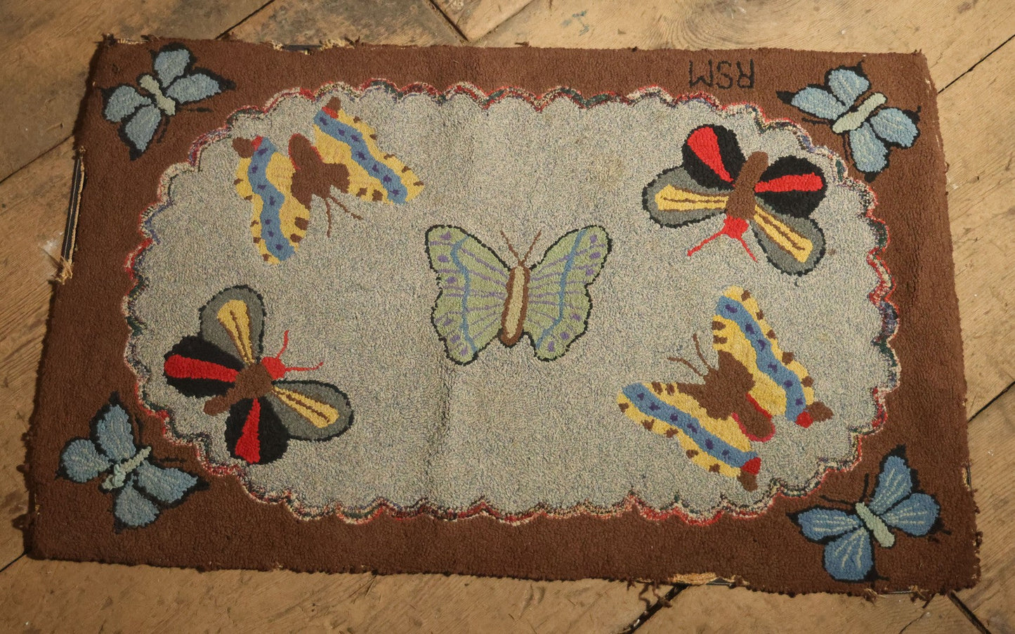 Vintage Handmade Folk Art Hooked Butterfly Rug, Artist Initialed R.S.M.