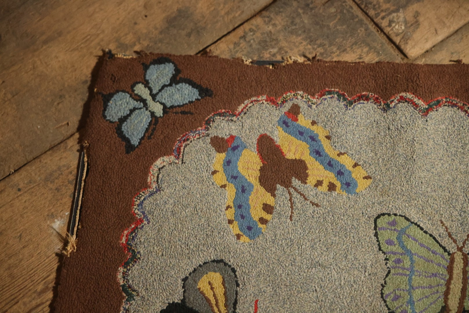 Vintage Handmade Folk Art Hooked Butterfly Rug, Artist Initialed R.S.M.