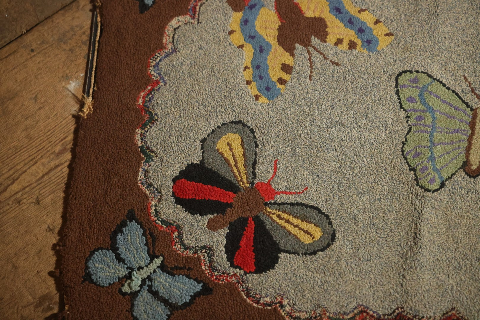 Vintage Handmade Folk Art Hooked Butterfly Rug, Artist Initialed R.S.M.