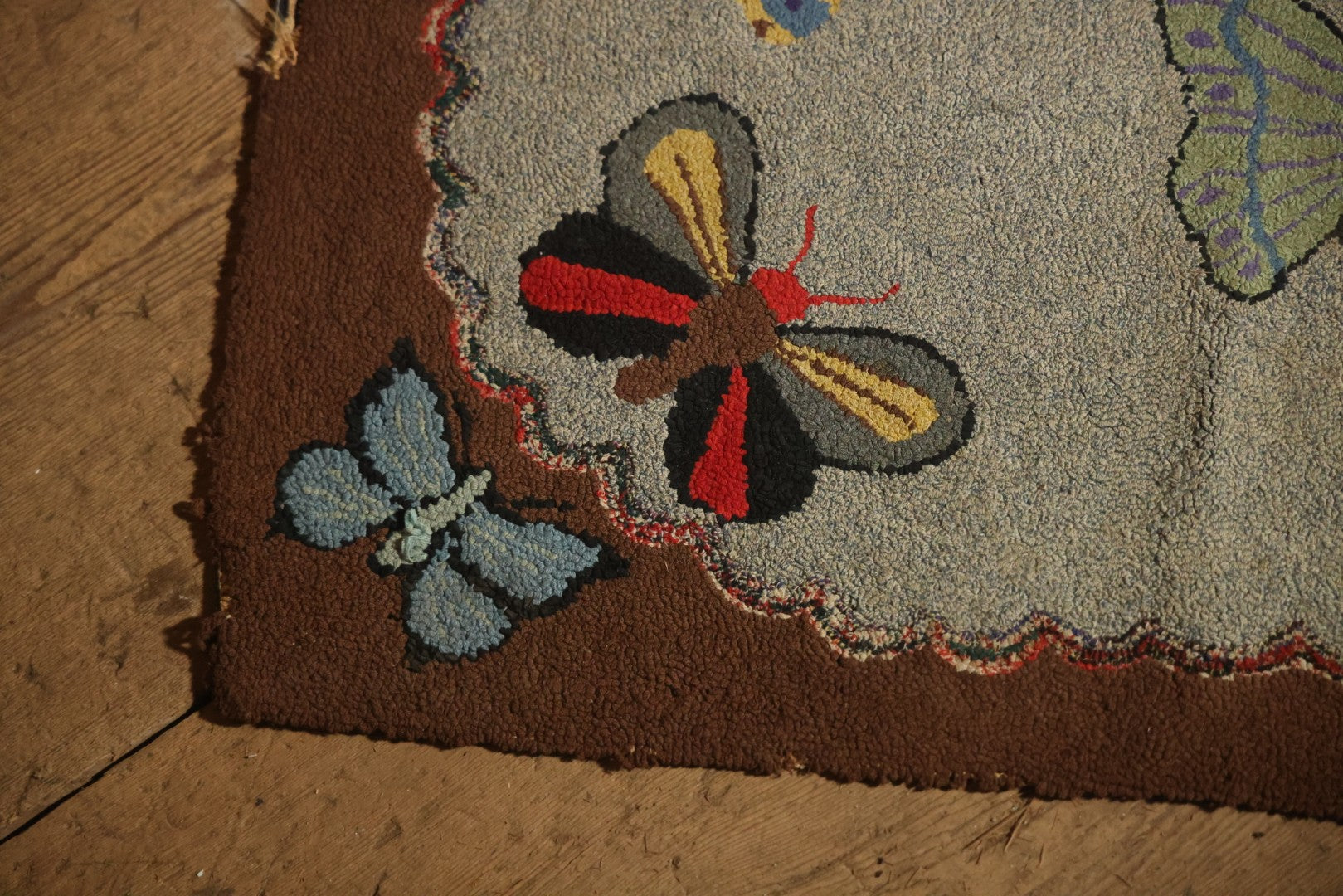 Vintage Handmade Folk Art Hooked Butterfly Rug, Artist Initialed R.S.M.
