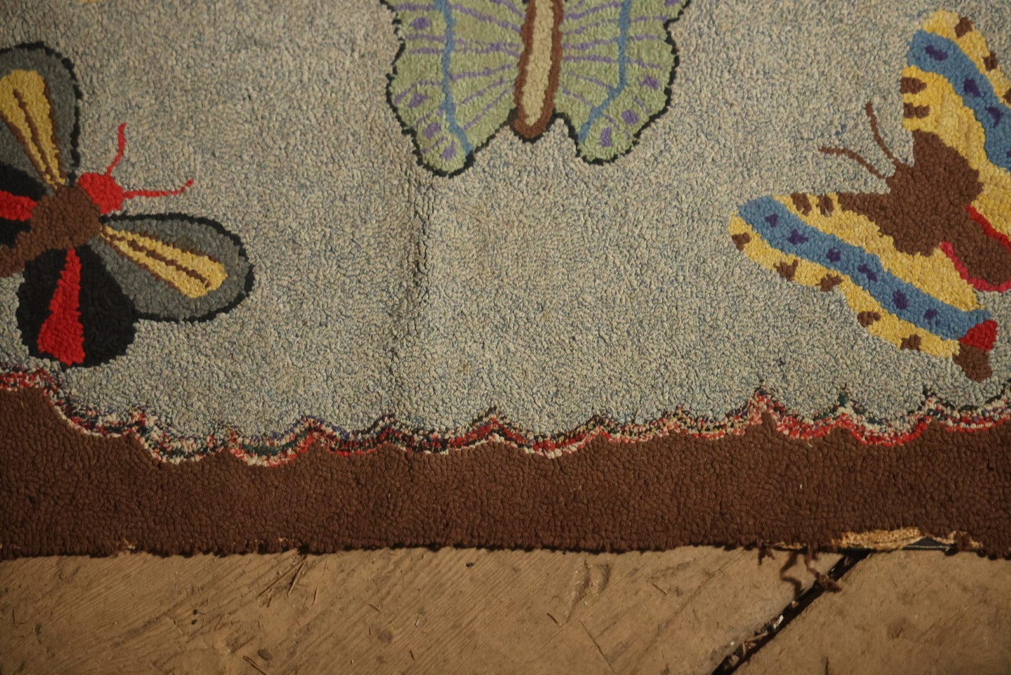 Vintage Handmade Folk Art Hooked Butterfly Rug, Artist Initialed R.S.M.