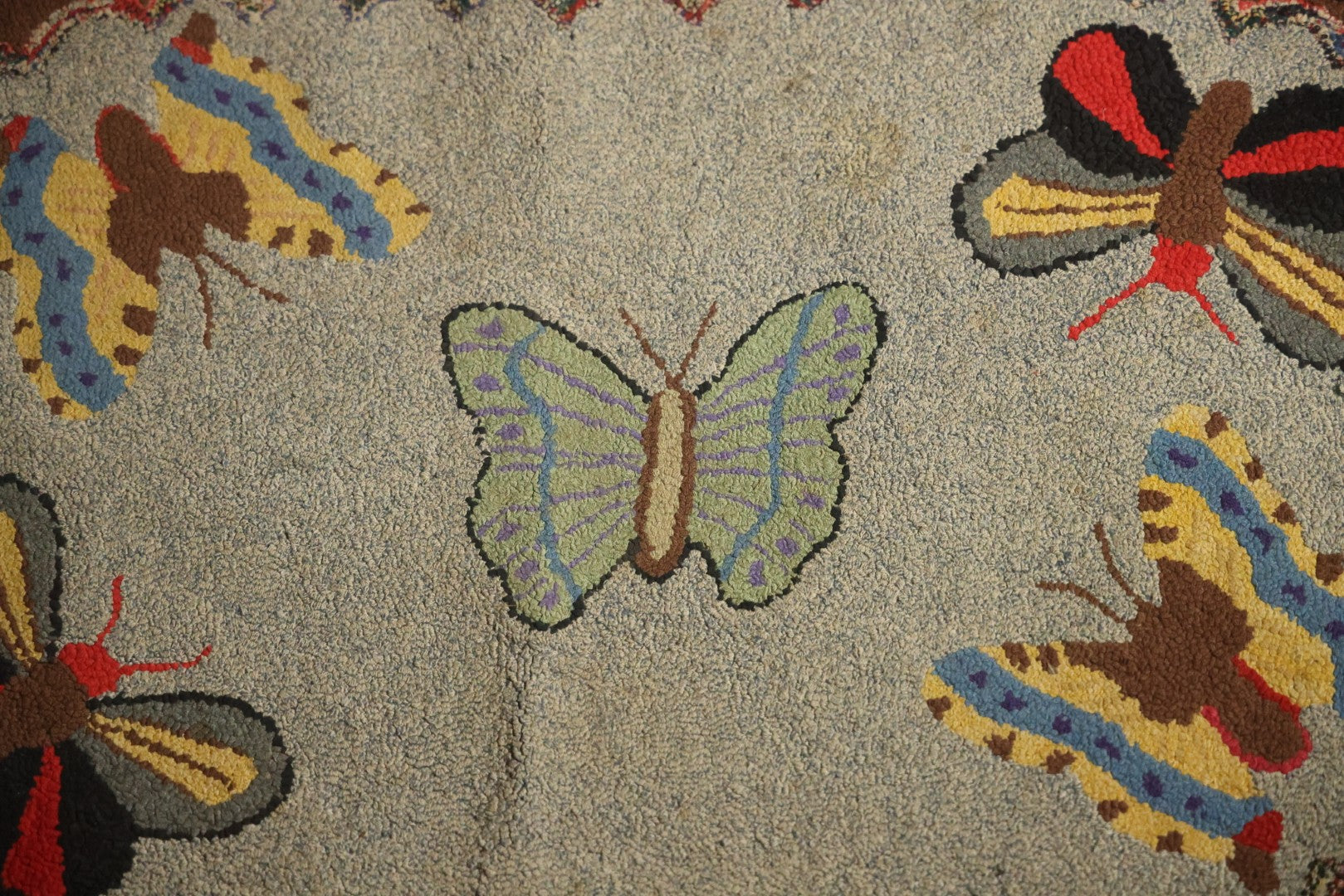 Vintage Handmade Folk Art Hooked Butterfly Rug, Artist Initialed R.S.M.