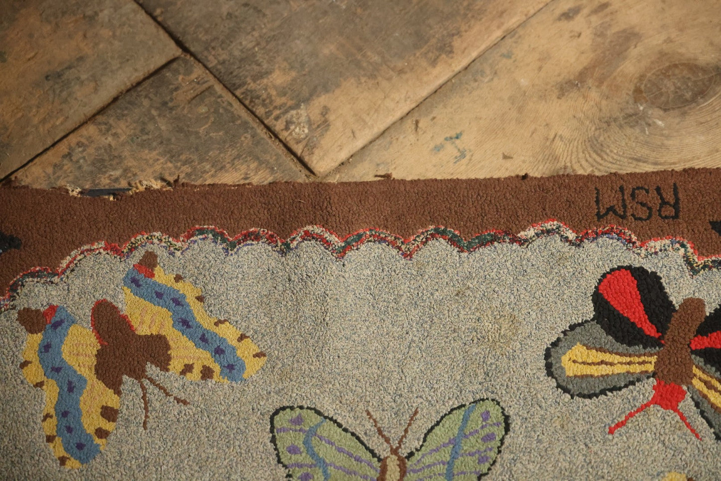 Vintage Handmade Folk Art Hooked Butterfly Rug, Artist Initialed R.S.M.