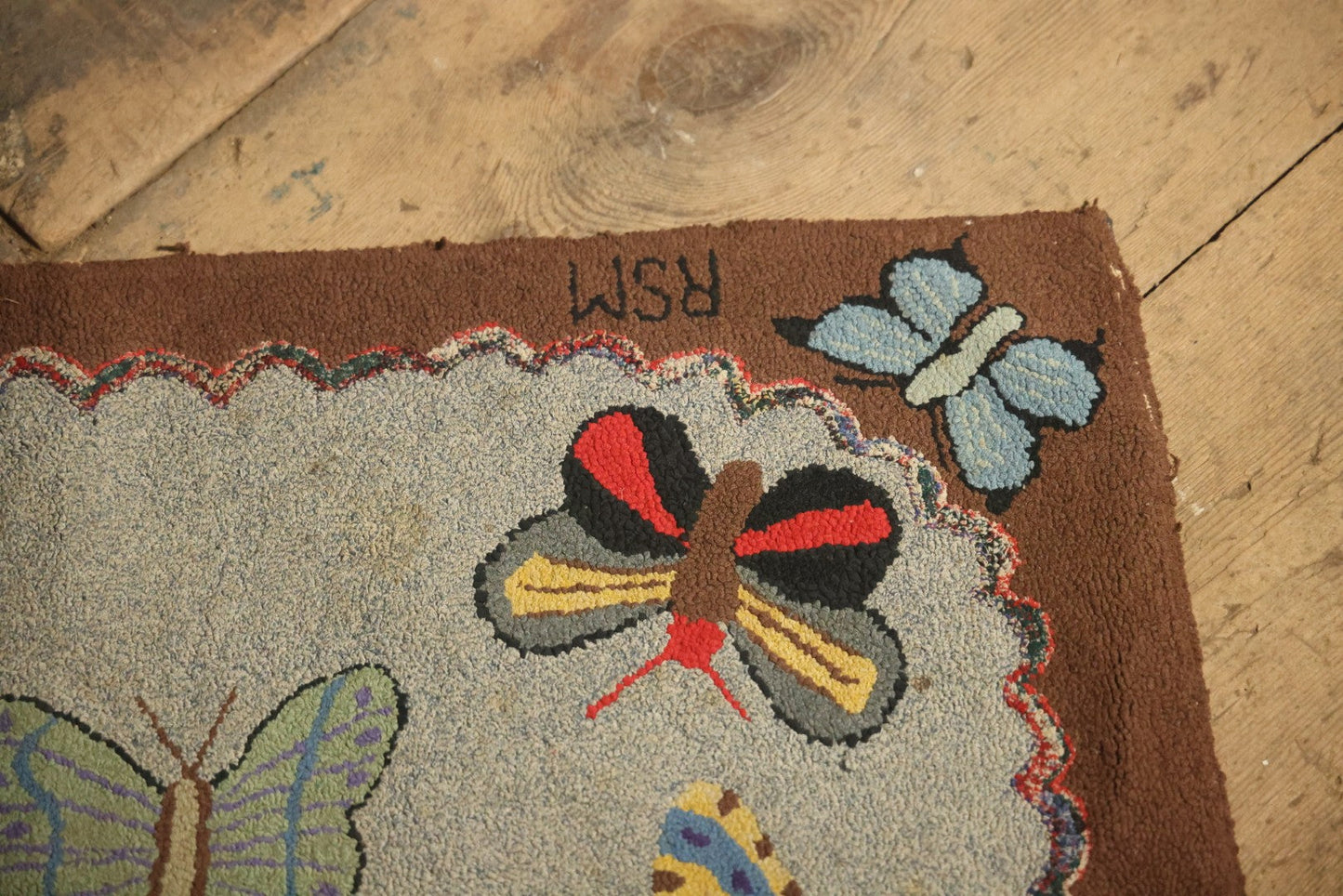 Vintage Handmade Folk Art Hooked Butterfly Rug, Artist Initialed R.S.M.
