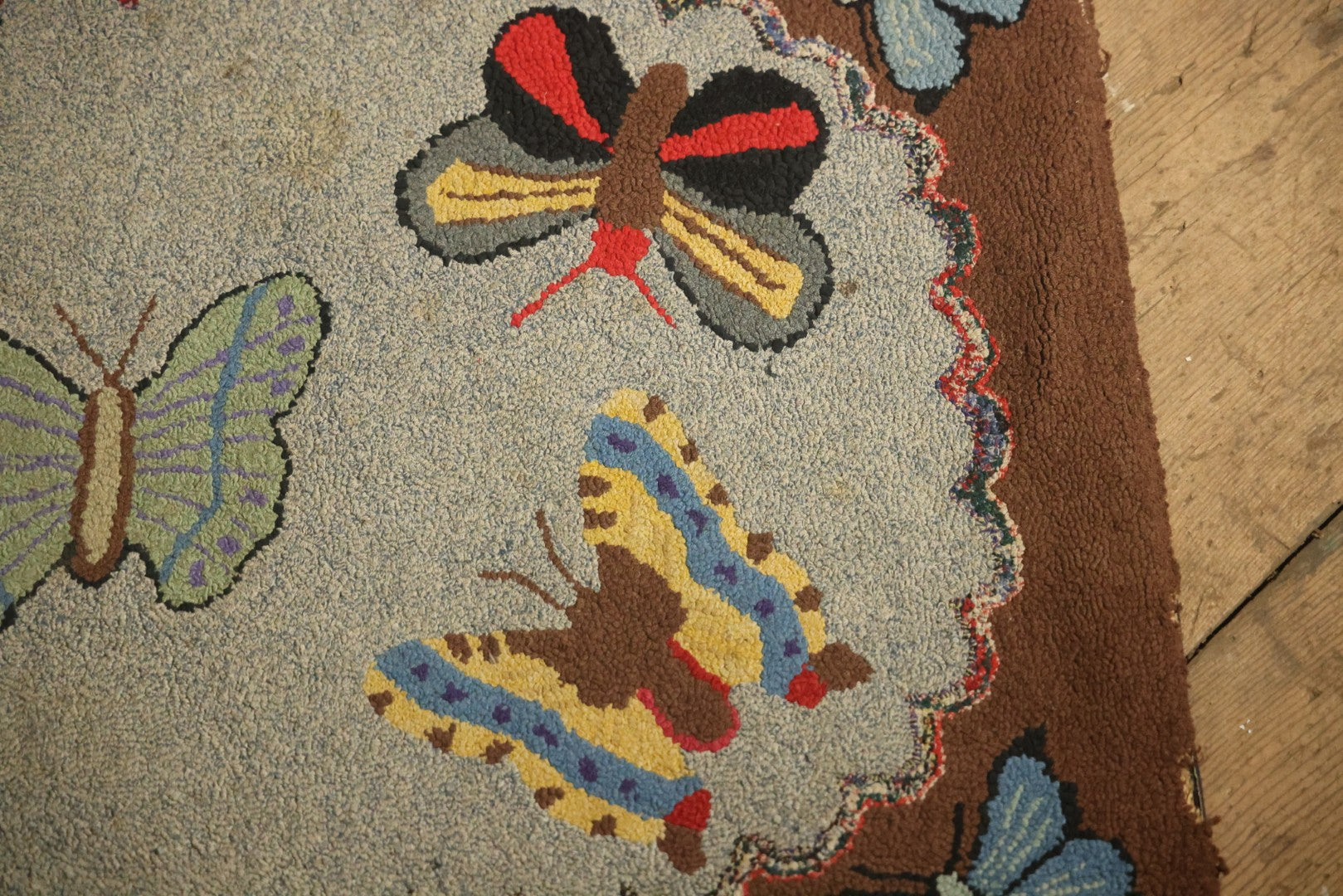 Vintage Handmade Folk Art Hooked Butterfly Rug, Artist Initialed R.S.M.