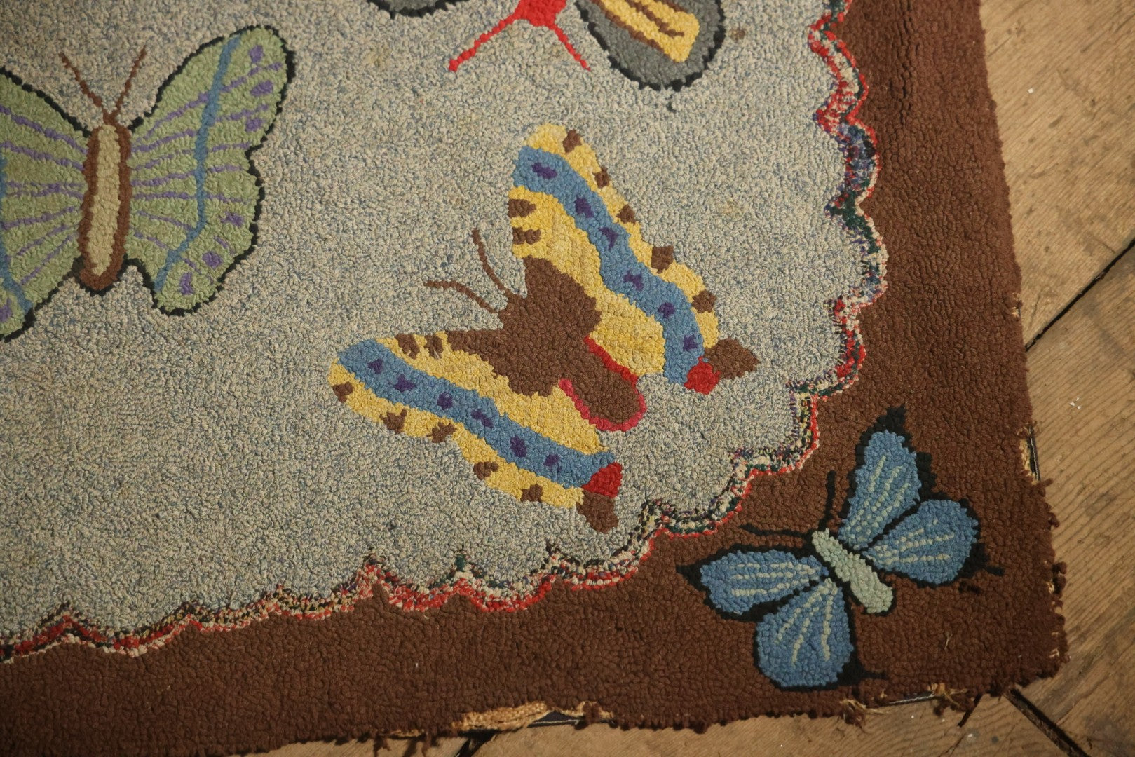 Vintage Handmade Folk Art Hooked Butterfly Rug, Artist Initialed R.S.M.