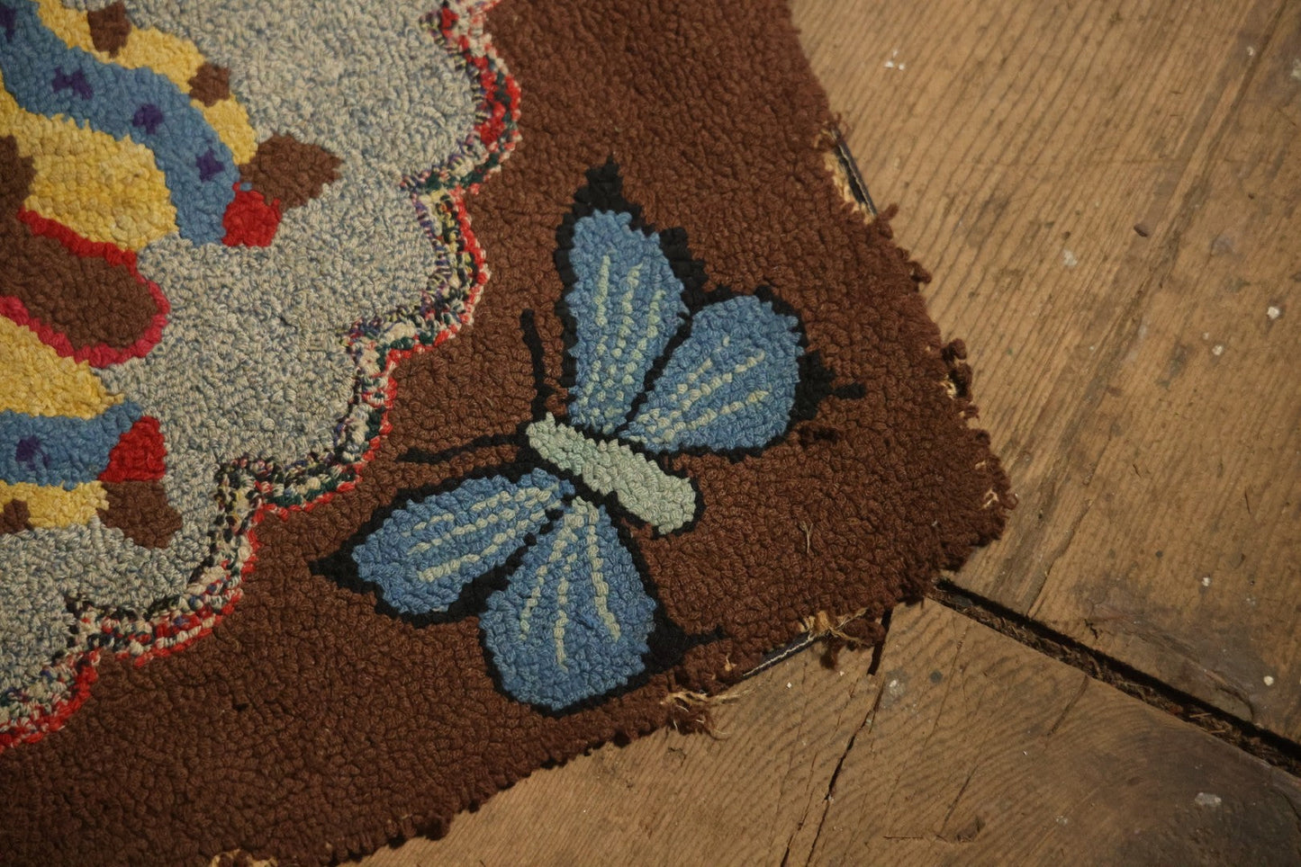 Vintage Handmade Folk Art Hooked Butterfly Rug, Artist Initialed R.S.M.