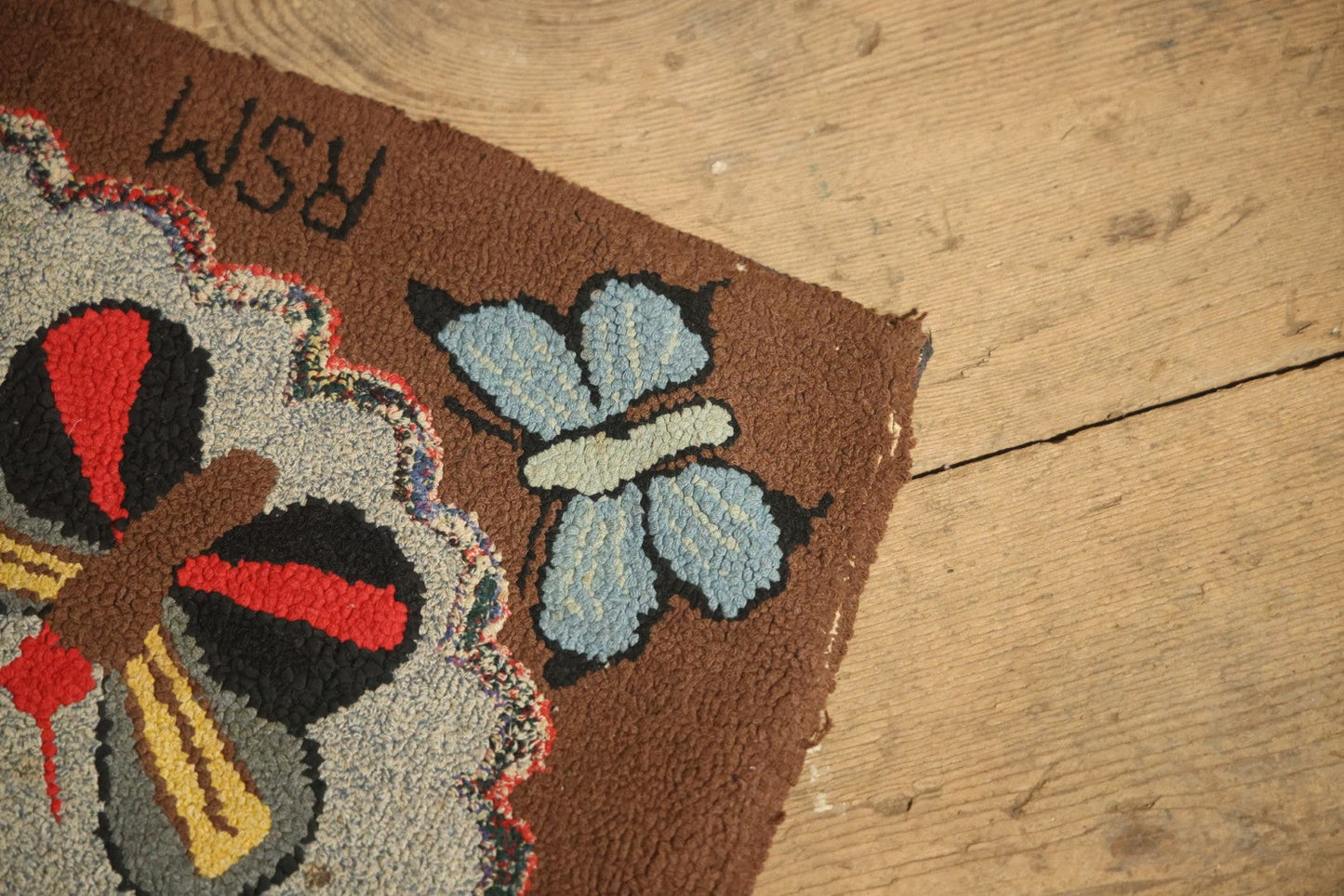 Vintage Handmade Folk Art Hooked Butterfly Rug, Artist Initialed R.S.M.