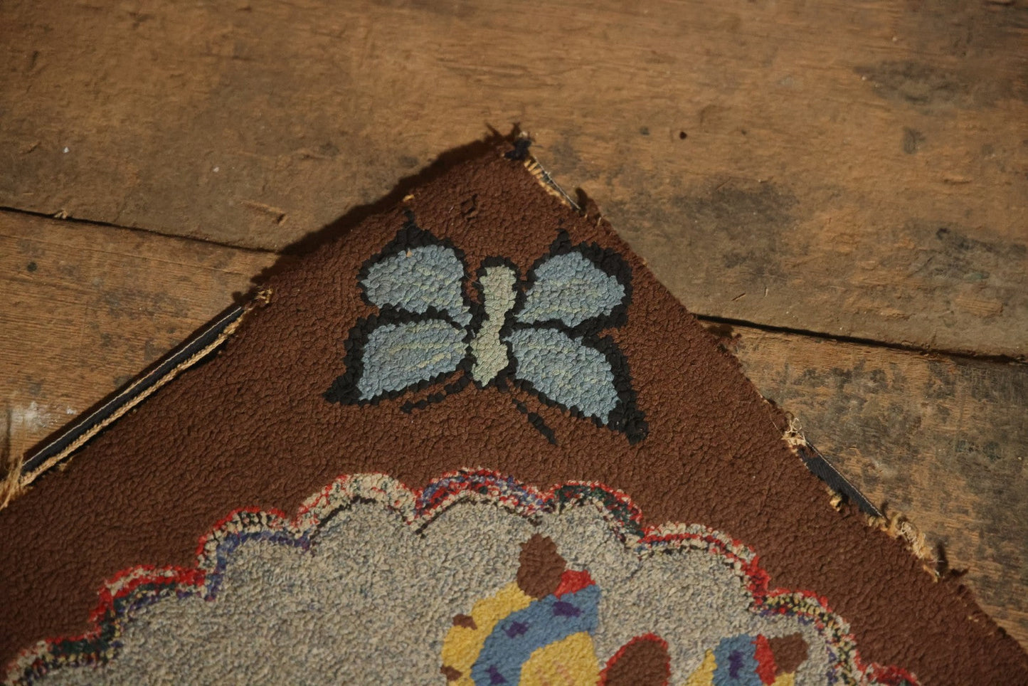 Vintage Handmade Folk Art Hooked Butterfly Rug, Artist Initialed R.S.M.
