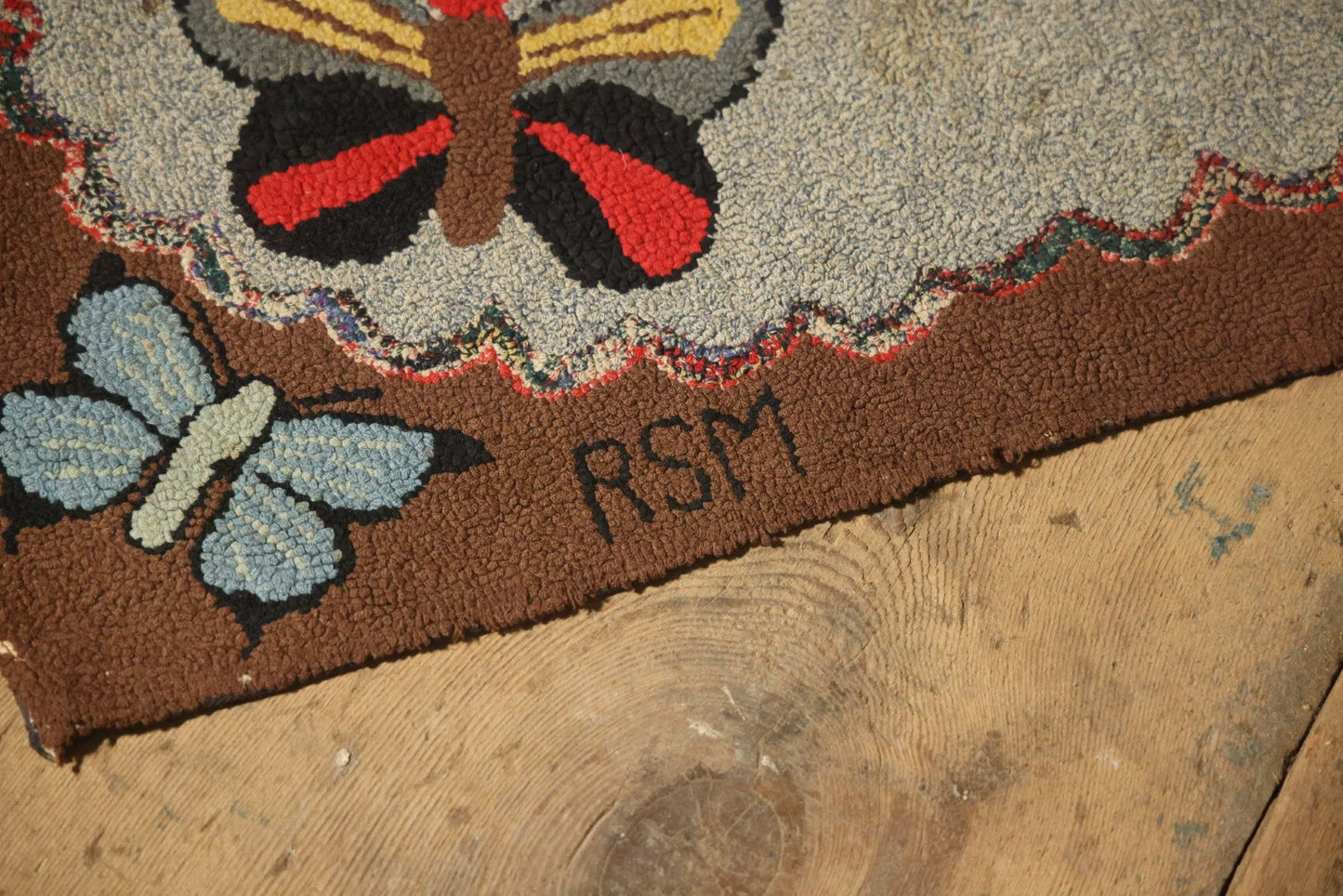 Vintage Handmade Folk Art Hooked Butterfly Rug, Artist Initialed R.S.M.
