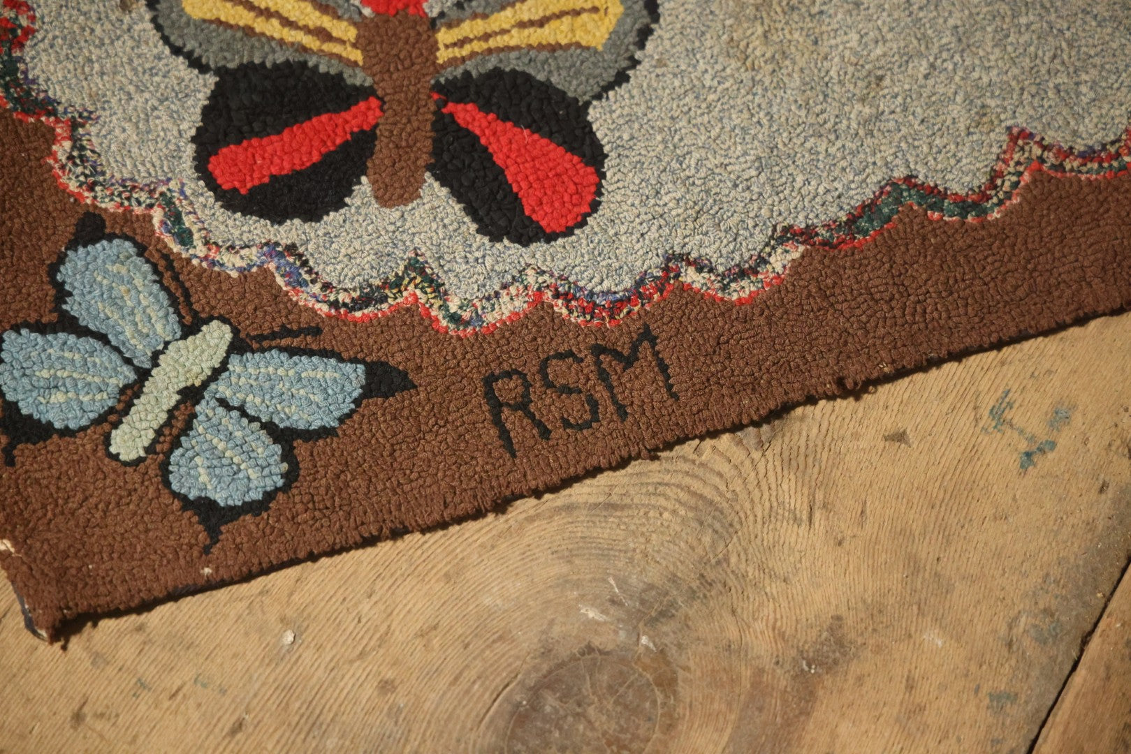 Vintage Handmade Folk Art Hooked Butterfly Rug, Artist Initialed R.S.M.