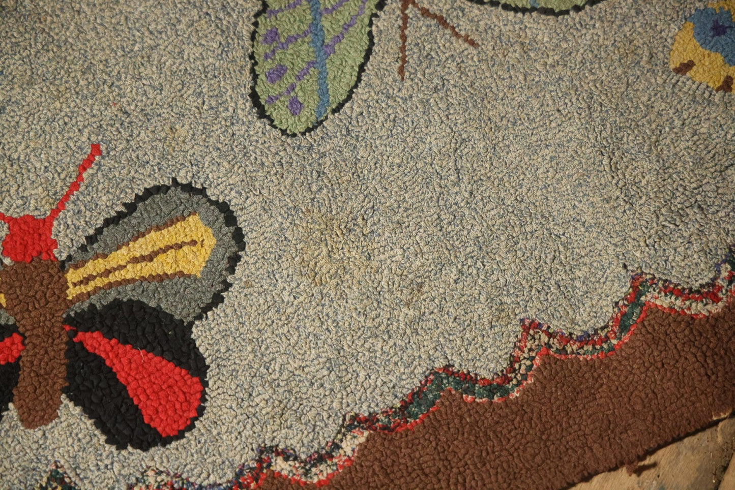 Vintage Handmade Folk Art Hooked Butterfly Rug, Artist Initialed R.S.M.