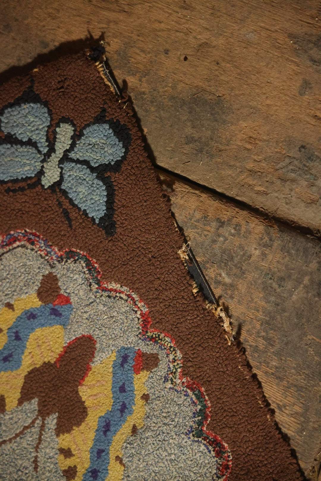 Vintage Handmade Folk Art Hooked Butterfly Rug, Artist Initialed R.S.M.