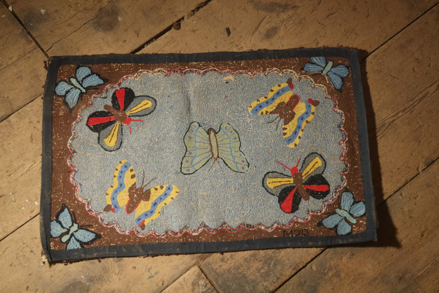 Vintage Handmade Folk Art Hooked Butterfly Rug, Artist Initialed R.S.M.