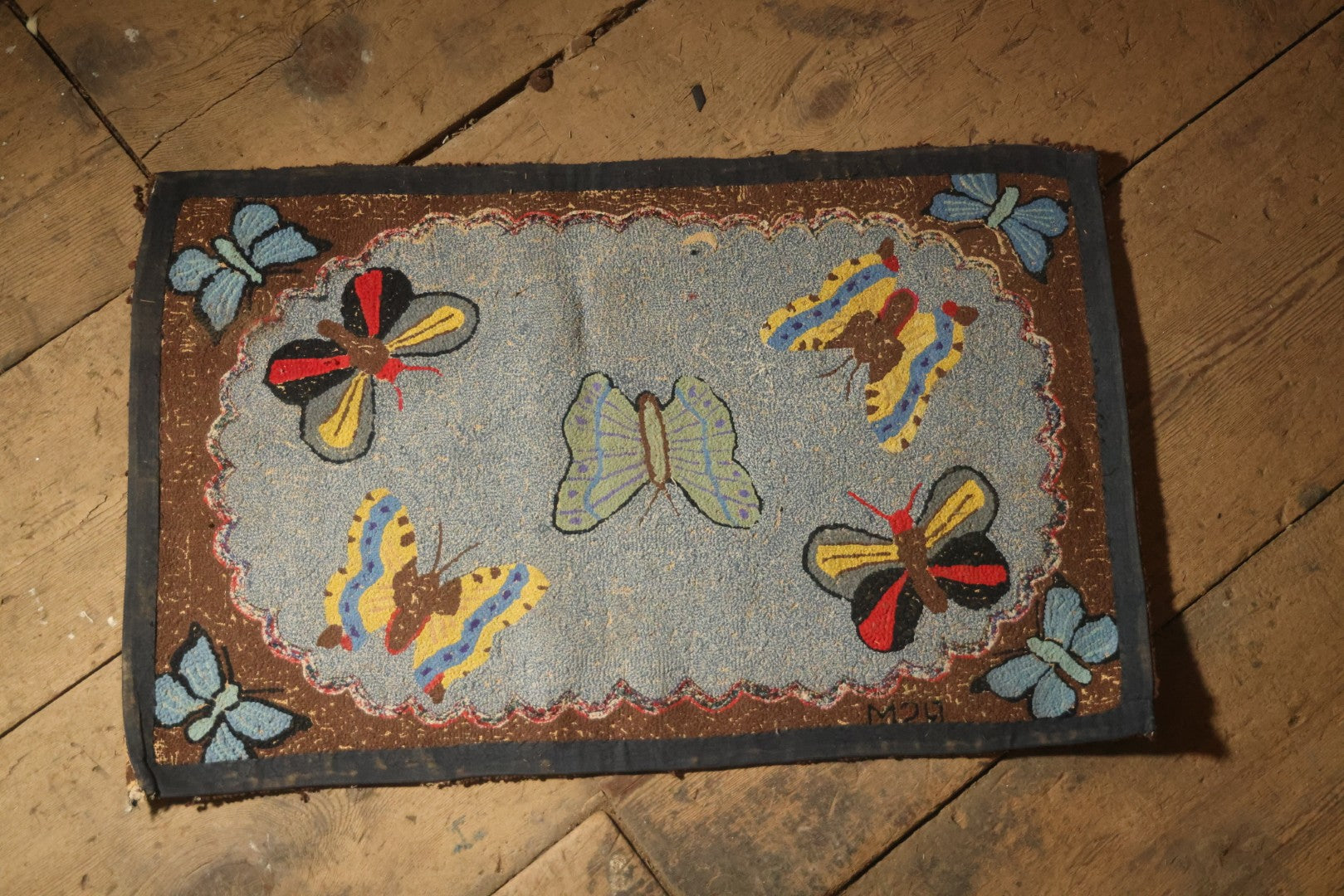 Vintage Handmade Folk Art Hooked Butterfly Rug, Artist Initialed R.S.M.