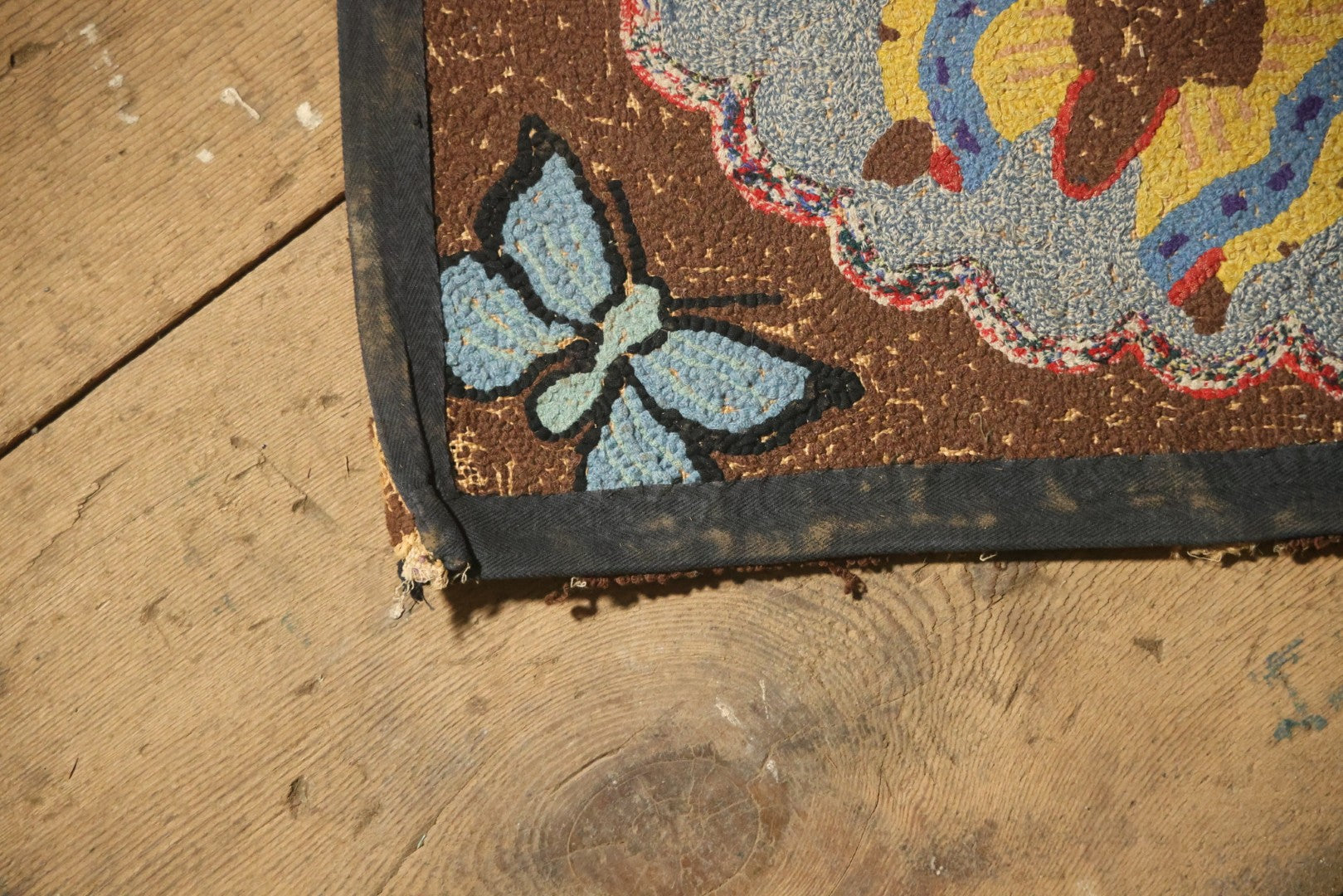 Vintage Handmade Folk Art Hooked Butterfly Rug, Artist Initialed R.S.M.