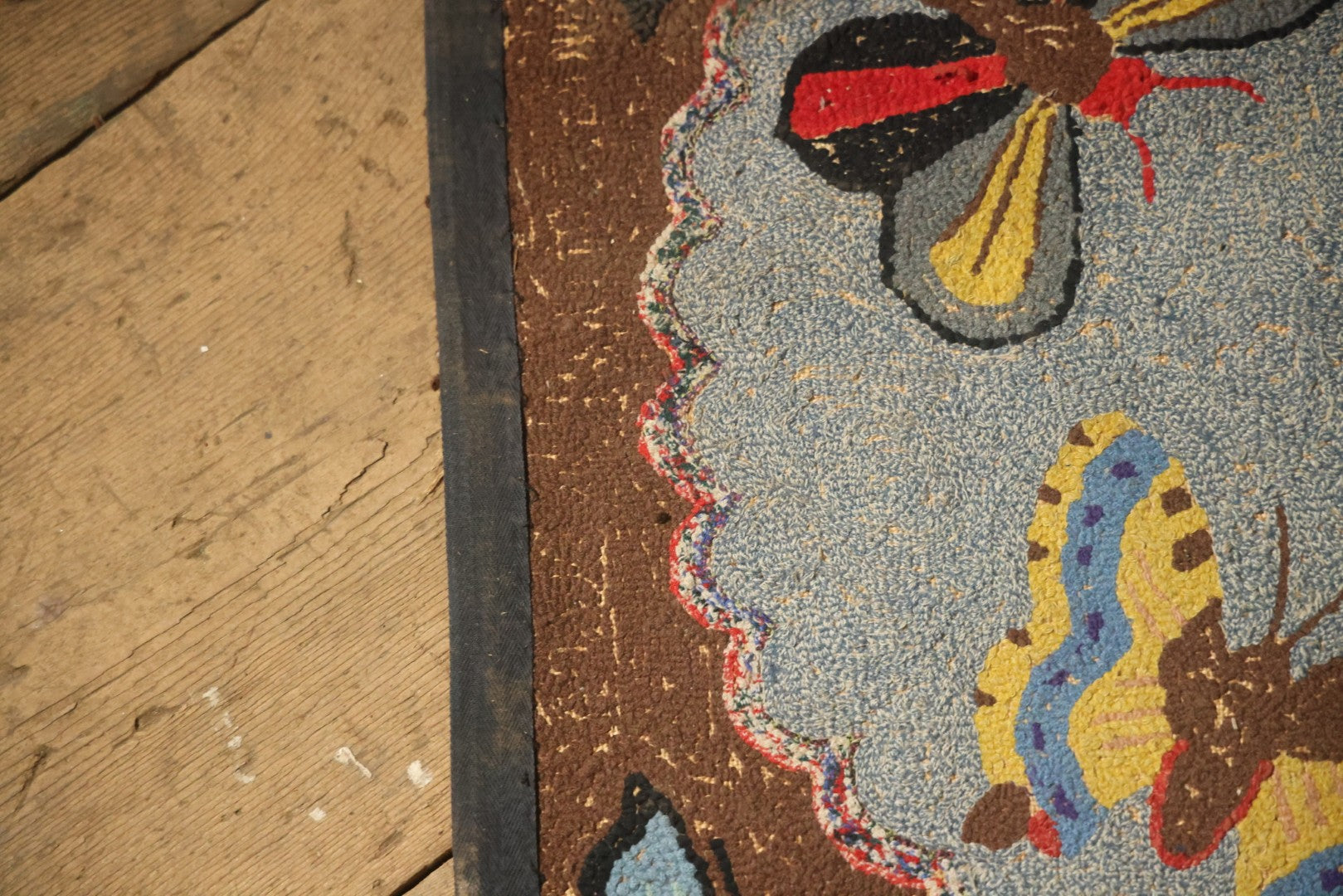 Vintage Handmade Folk Art Hooked Butterfly Rug, Artist Initialed R.S.M.