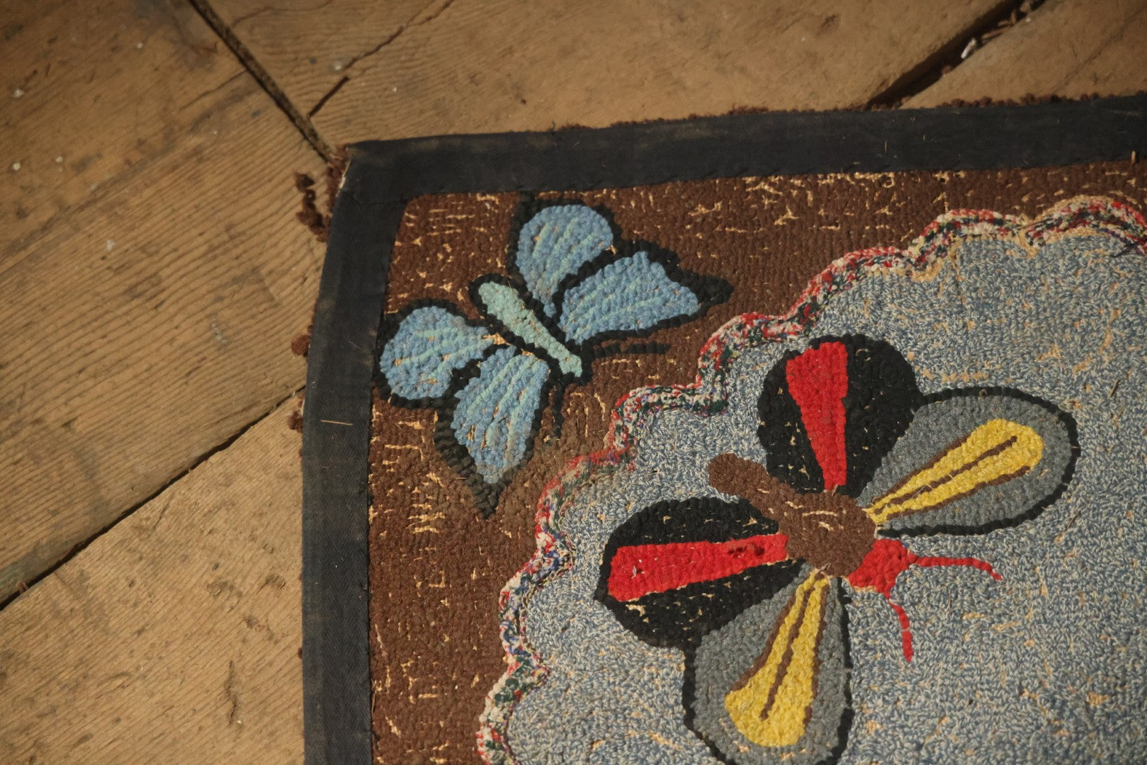 Vintage Handmade Folk Art Hooked Butterfly Rug, Artist Initialed R.S.M.