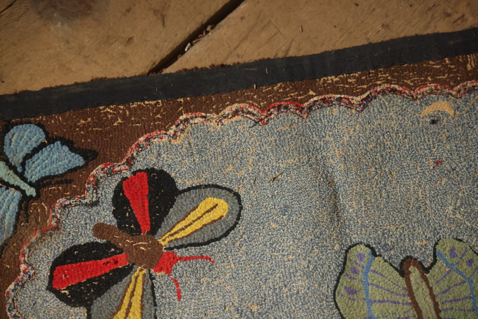 Vintage Handmade Folk Art Hooked Butterfly Rug, Artist Initialed R.S.M.