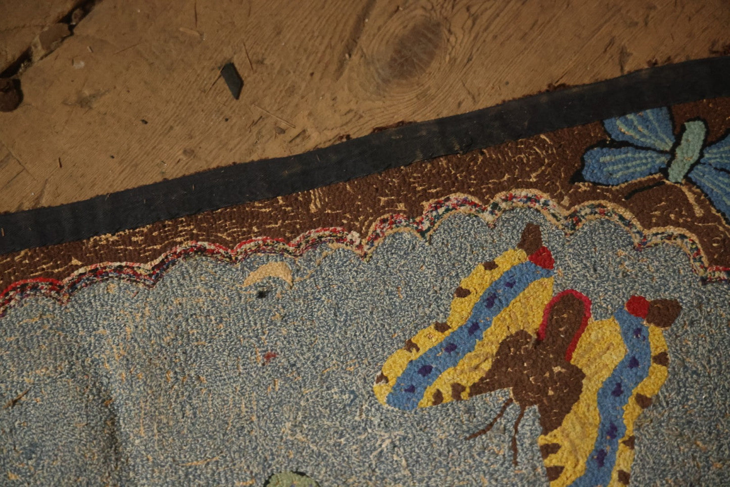 Vintage Handmade Folk Art Hooked Butterfly Rug, Artist Initialed R.S.M.