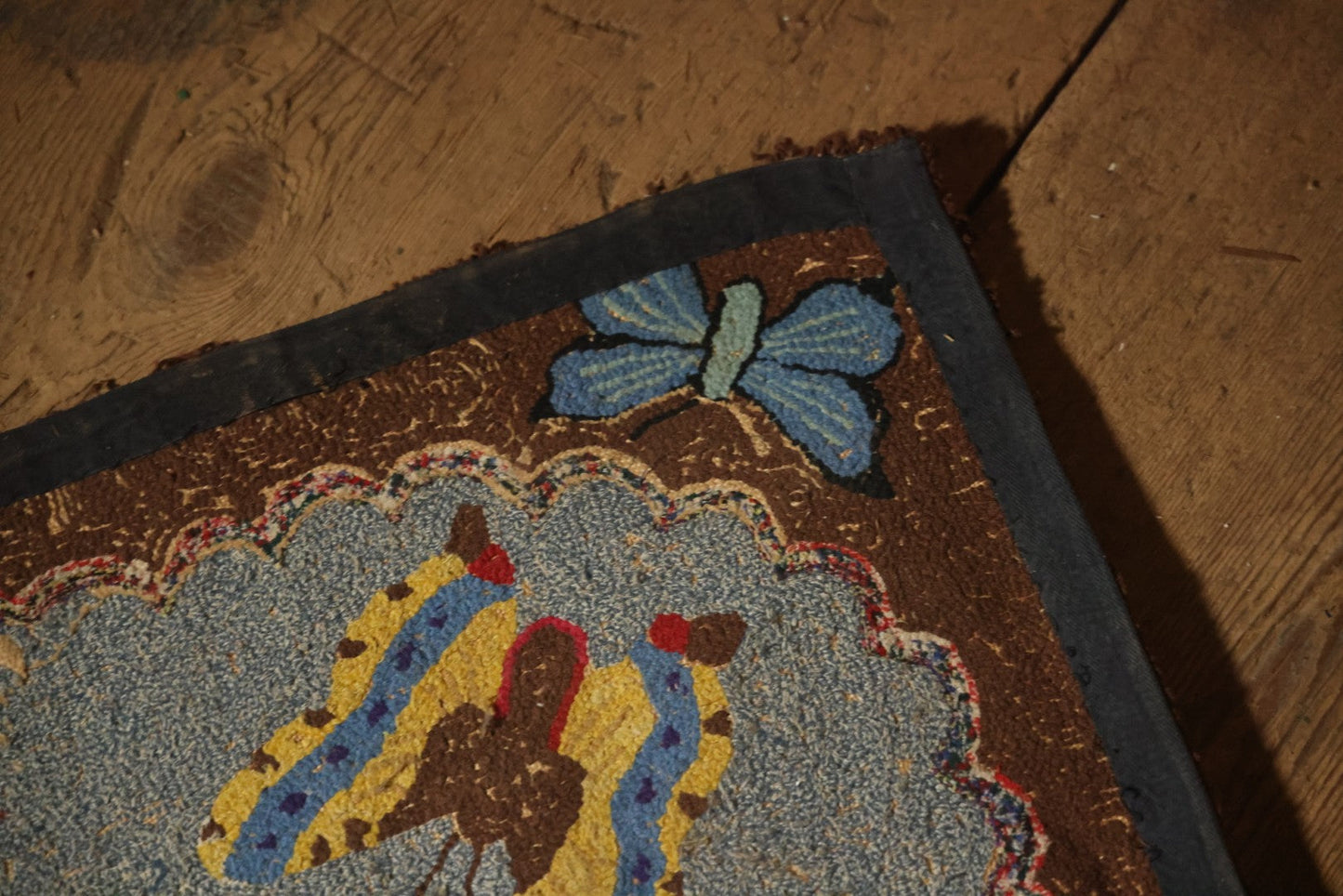 Vintage Handmade Folk Art Hooked Butterfly Rug, Artist Initialed R.S.M.