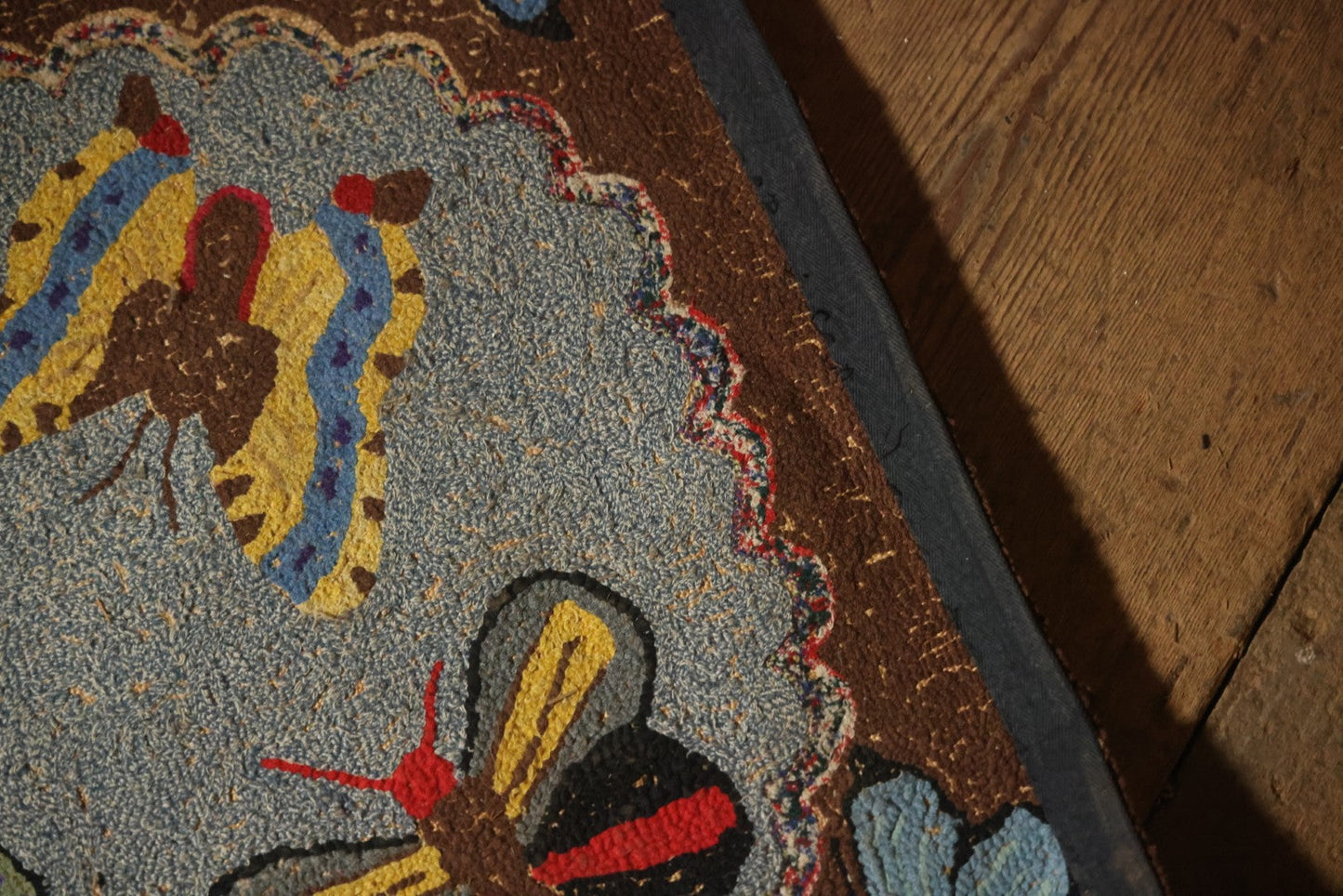 Vintage Handmade Folk Art Hooked Butterfly Rug, Artist Initialed R.S.M.