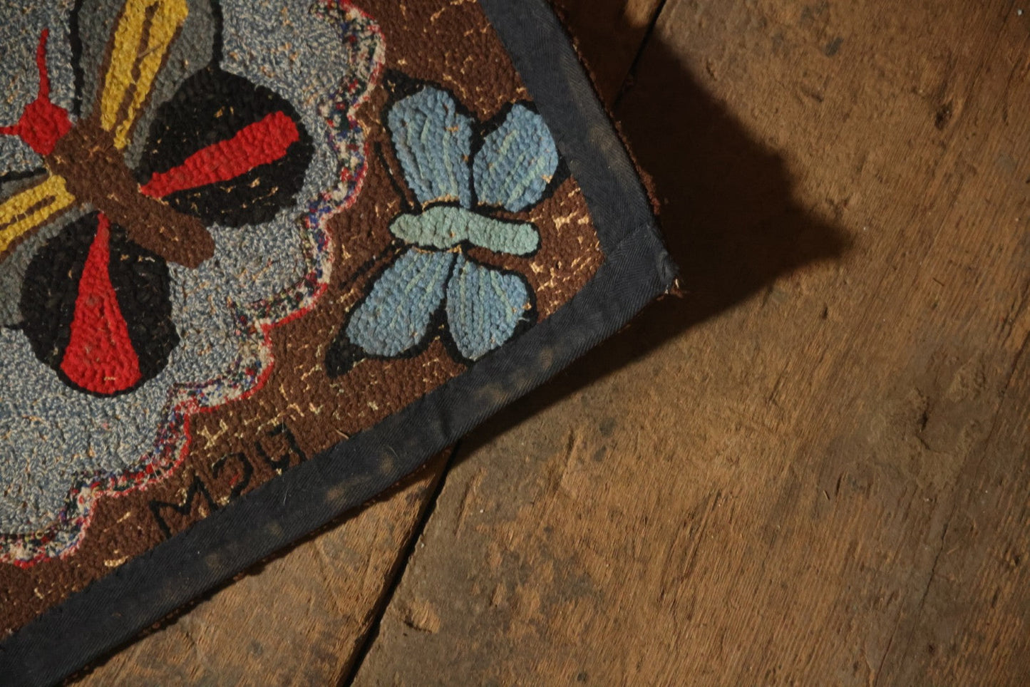 Vintage Handmade Folk Art Hooked Butterfly Rug, Artist Initialed R.S.M.