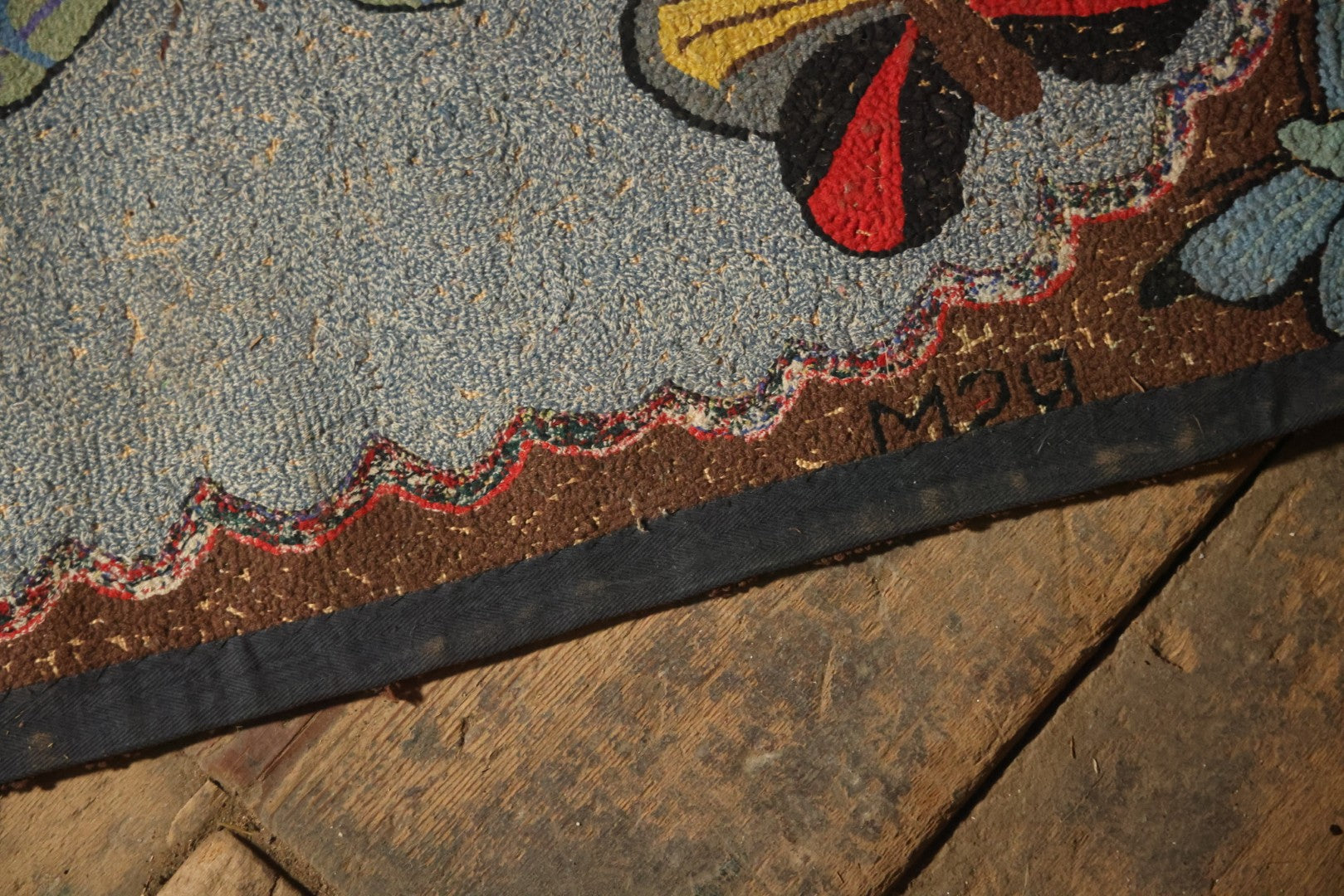 Vintage Handmade Folk Art Hooked Butterfly Rug, Artist Initialed R.S.M.
