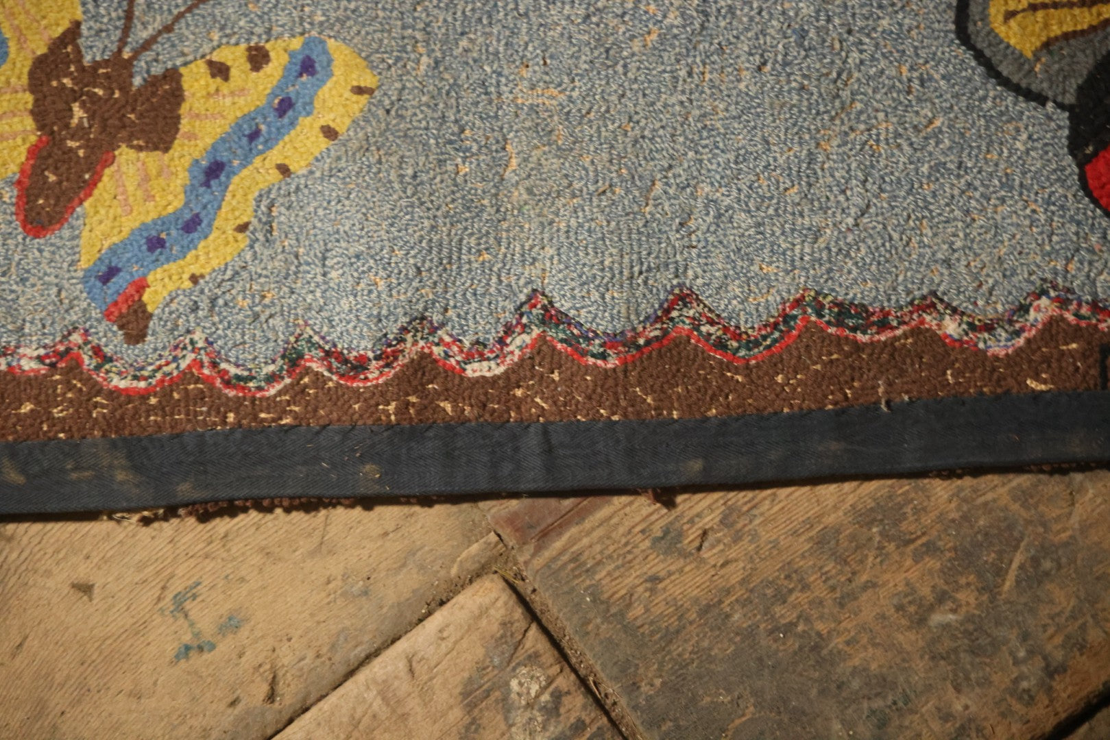 Vintage Handmade Folk Art Hooked Butterfly Rug, Artist Initialed R.S.M.