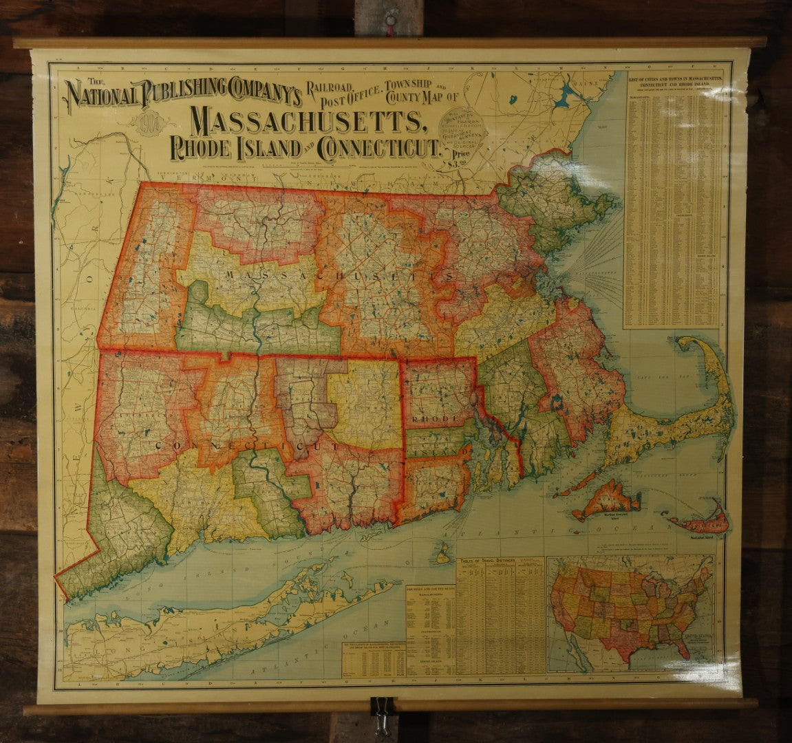 Antique National Publishing Company's Railroad, Post Office, Township And County Map Of Massachusetts, Rhode Island, And Connecticut For 1901, Roll Up Map, Copyright 1900 By The National Publishing Co., Boston, Massachusetts. 38-3/4" x 36" 