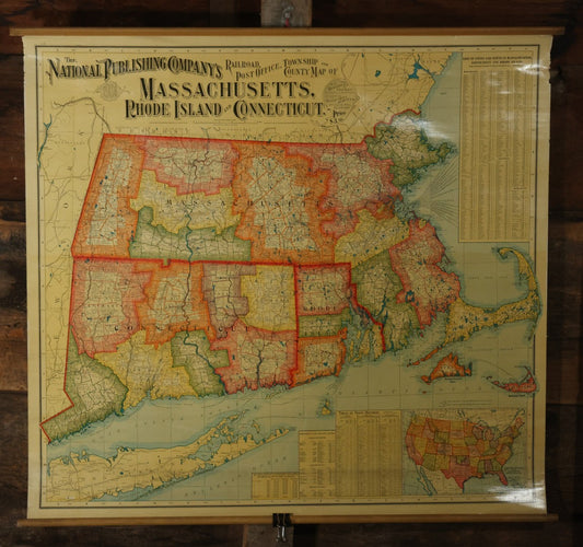 Antique National Publishing Company's Railroad, Post Office, Township And County Map Of Massachusetts, Rhode Island, And Connecticut For 1901, Roll Up Map, Copyright 1900 By The National Publishing Co., Boston, Massachusetts. 38-3/4" x 36" 